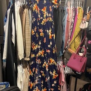 Ambiance Navy Floral Smocked Off-Shoulder Maxi Dress – Size S